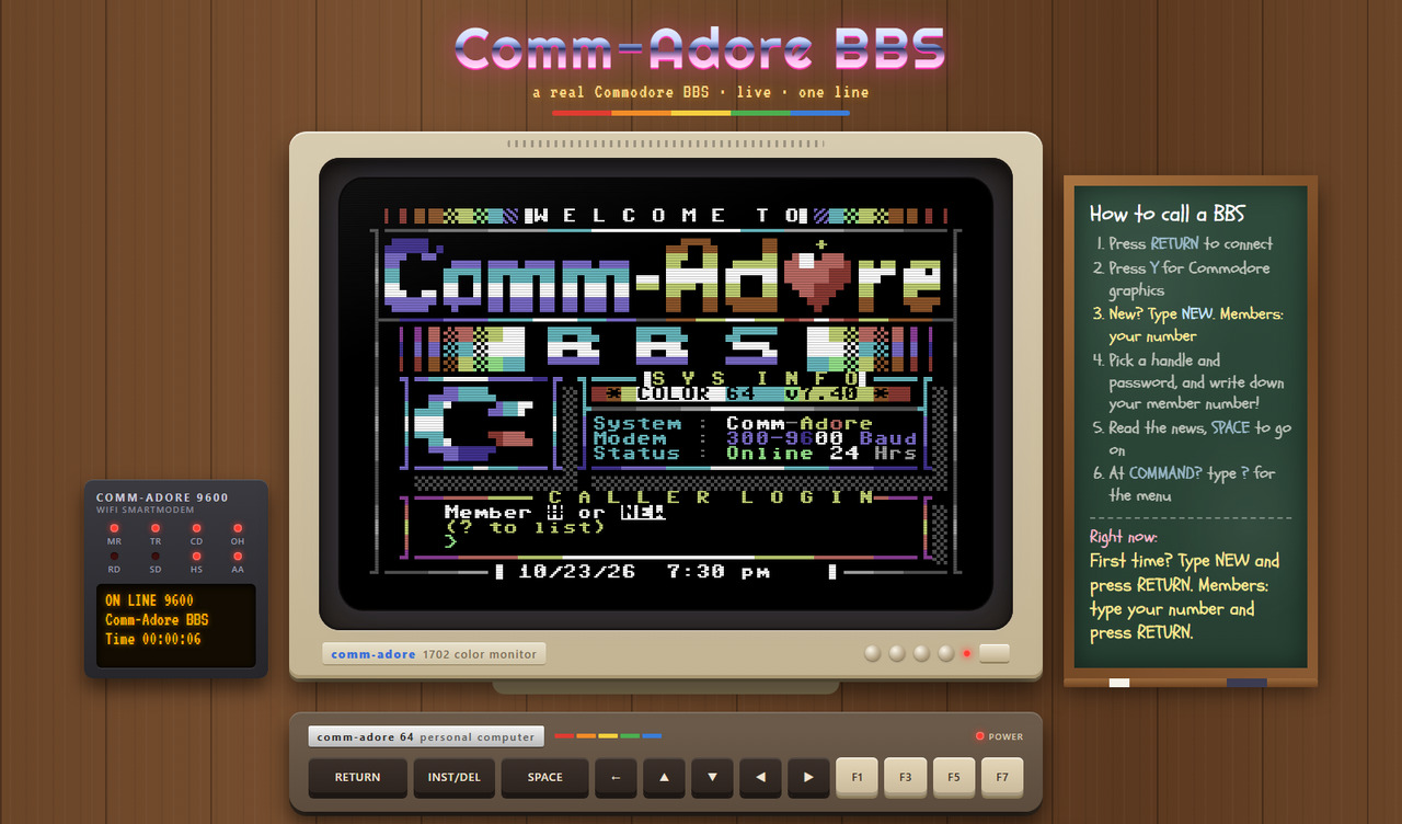 The board's login screen in the browser, with the chalkboard saying to type NEW