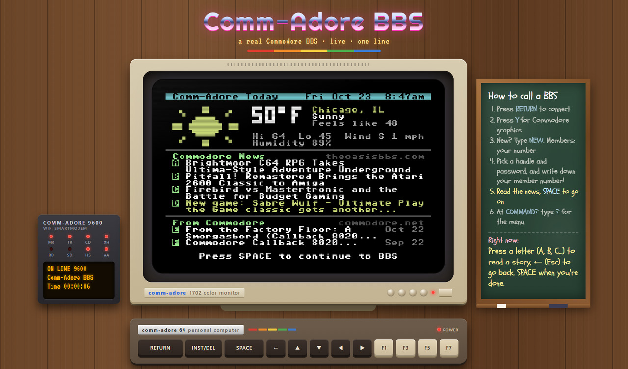 The Comm-Adore BBS in a web browser: a 1702-style monitor showing the board's news page, a modem with its lights on, and a chalkboard with the steps for calling