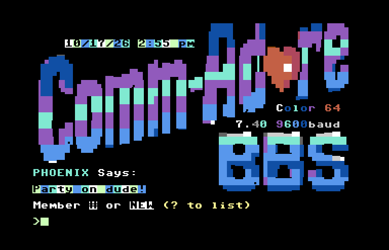 The Comm-Adore BBS login screen, running Color 64 7.40