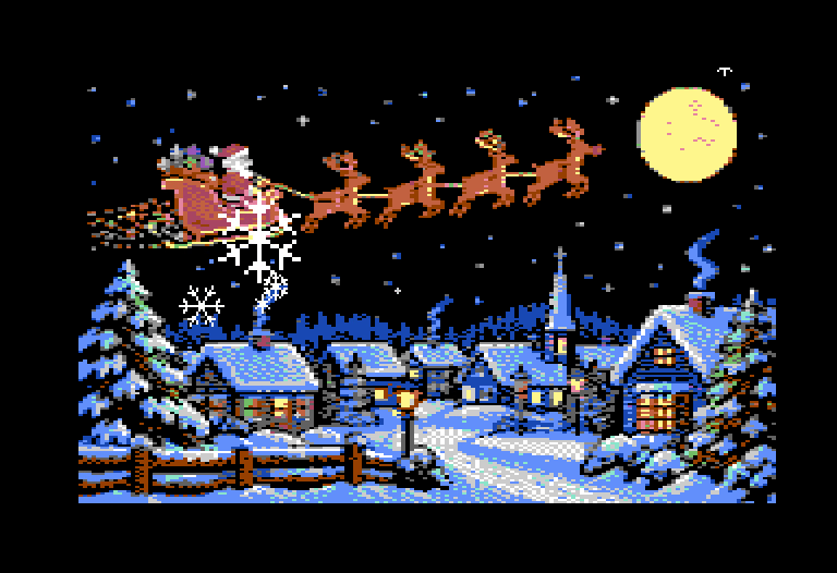 Santa's sleigh over a snowy village