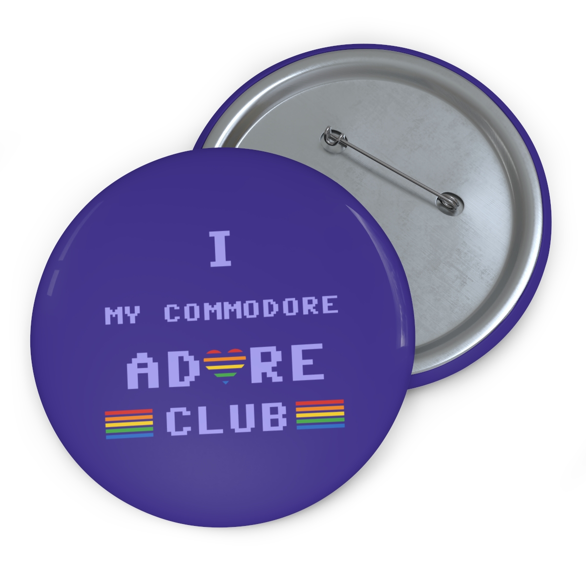 The club pin: I adore my Commodore, with CLUB between rainbow stripes, on C64 blue